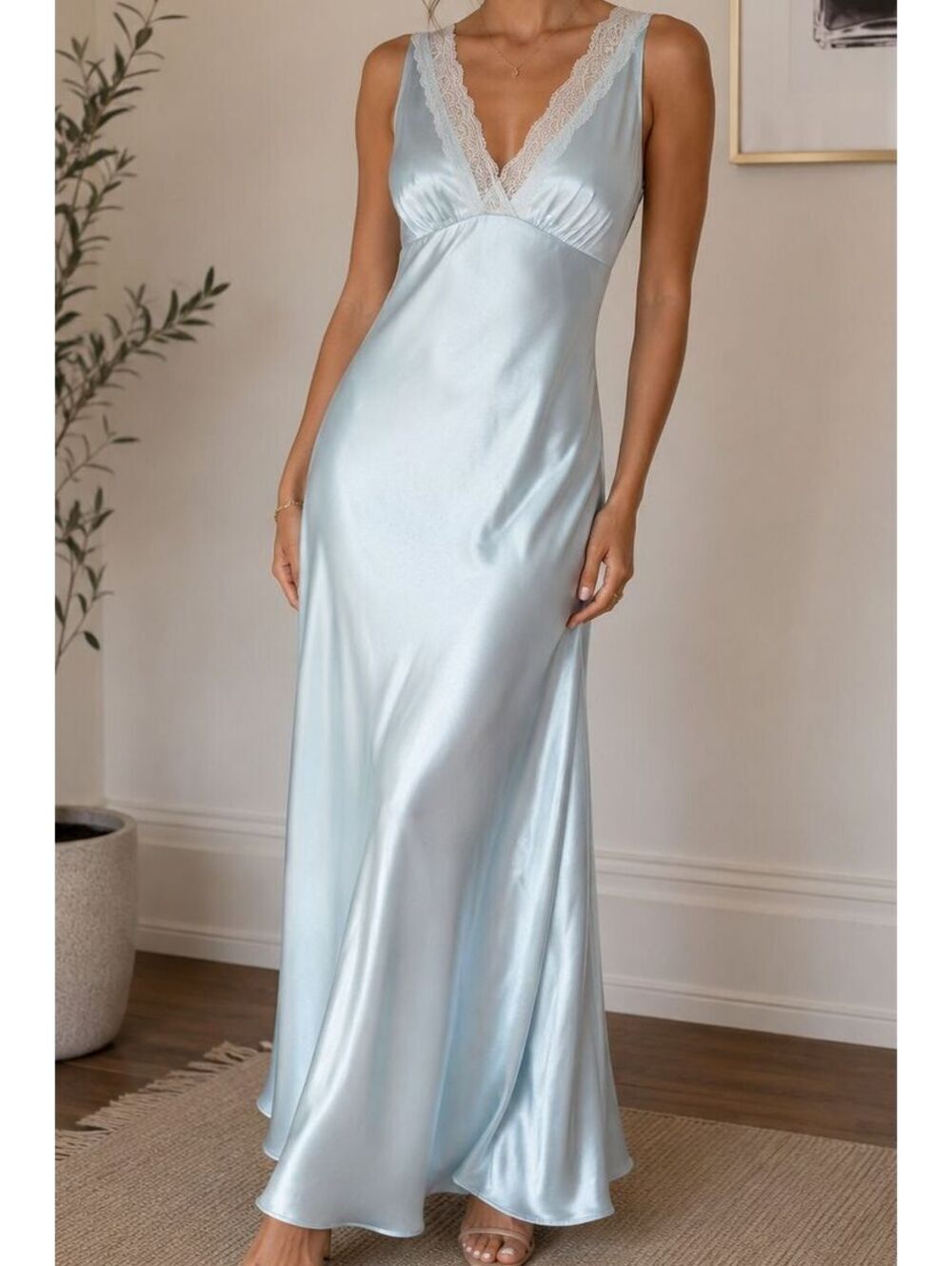 Open Edit Blue Air Satin Lace Trim Slip Dress Size M V Neck Long Maxi Midi